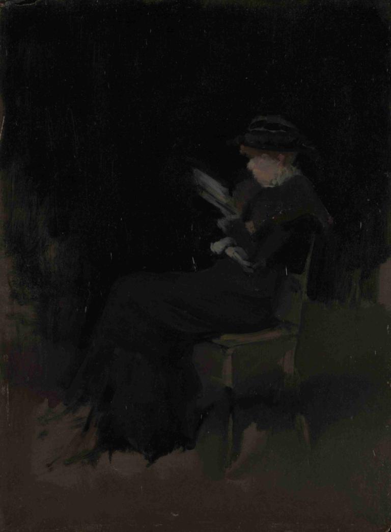 Arrangement in Black; Girl Reading,James McNeill Whistler,Oil Painting,Oil Painting, solo, sitting, hat