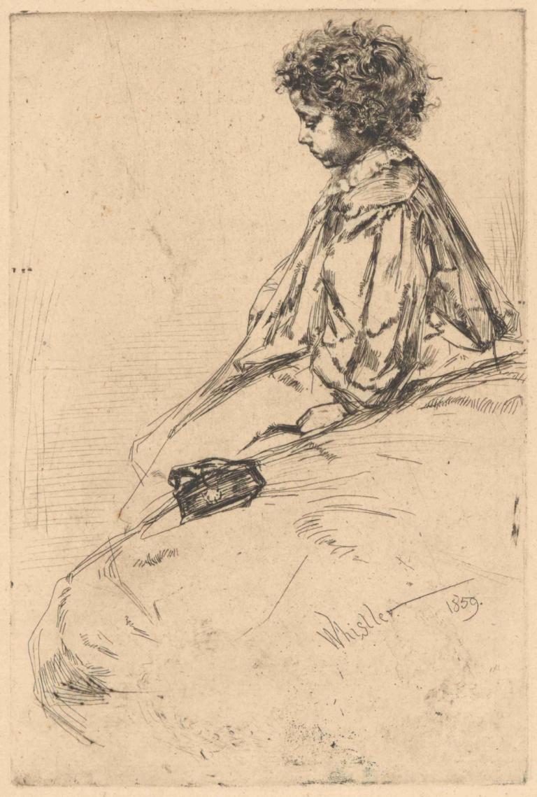 Bibi Lalouette,James McNeill Whistler,Sketch,Sketch, solo, monochrome, 1girl, sitting, sketch, short hair