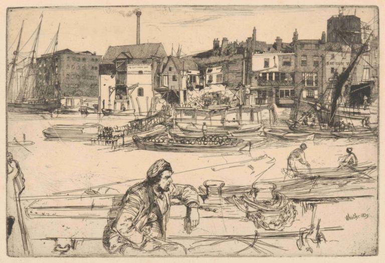 Black Lion Wharf,ブラック・ライオン埠頭,James McNeill Whistler,ジェームズ・マクニール・ホイッスラー,銅版エッチング,銅版エッチング, モノクロ, 水上バイク, ボート