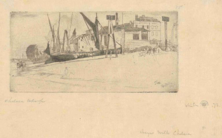 Chelsea Wharf,Chelsea Werf,James McNeill Whistler,Koperplaatetsing,Koperplaatetsing, monochroom, boom, boot