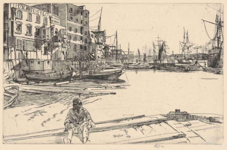 Eagle Wharf,Eagle Werf,James McNeill Whistler,Koperplaatetsing,Koperplaatetsing, waterscooters, monochroom