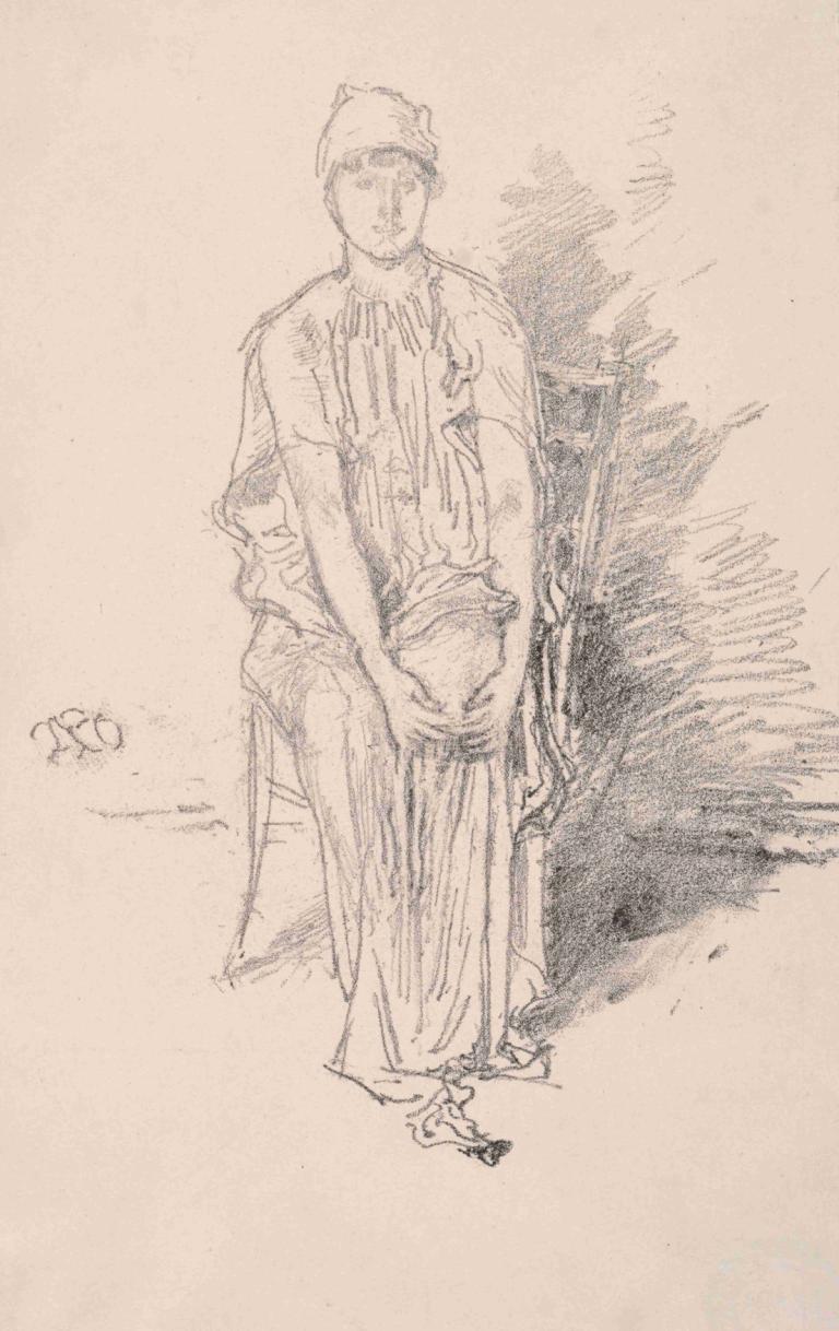 Figure Study,图表研究,James McNeill Whistler,詹姆斯-麦克尼尔-惠斯勒,素描,素描, 1男孩, 独奏, 单色, 男性焦点, 坐着, 草图, 帽子, 传统媒体, 椅子