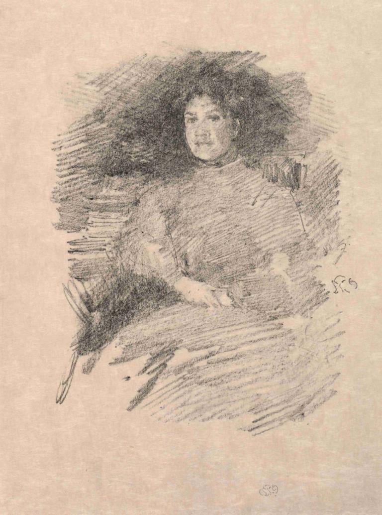 Firelight (Mrs. Pennell),火光（彭内尔夫人）,James McNeill Whistler,詹姆斯-麦克尼尔-惠斯勒,素描,素描, 独奏, 1男孩, 男性焦点, 单色, 短发, 长袖, 上半身