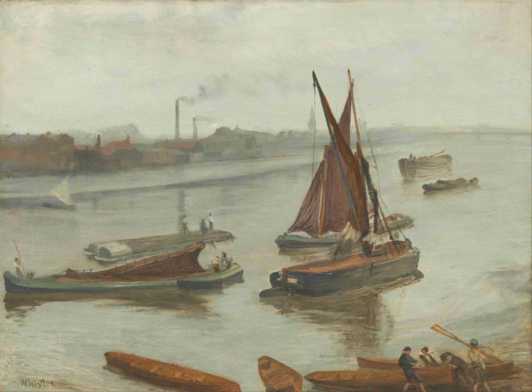 Grey and Silver- Old Battersea Reach,Gris y plata- Old Battersea Reach,James McNeill Whistler,Pintura al óleo