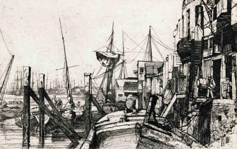 Limehouse,James McNeill Whistler,Kupferstich,Kupferstich, einfarbig, 1Mädchen, Solo, Hut, Graustufen, draußen