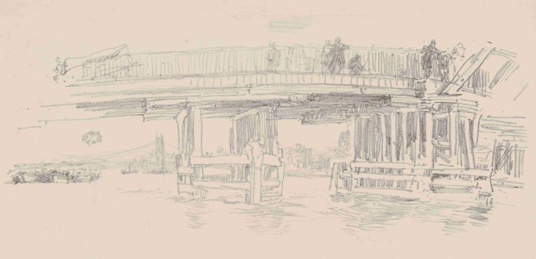 Old Battersea Bridge,Stari most Battersea,James McNeill Whistler,Skica,Skica, enobarvno, vodo, čoln