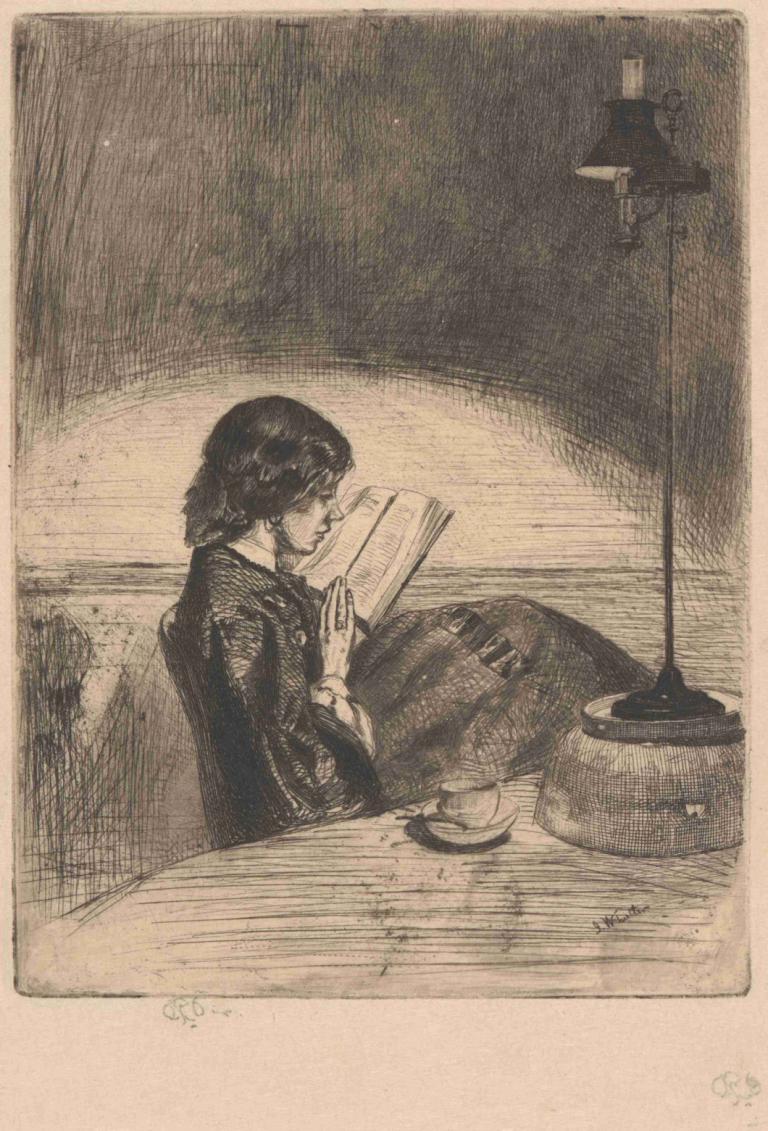 Reading by Lamplight,Lectura la lumina lămpii,James McNeill Whistler,Gravura din cupru,Gravura din cupru