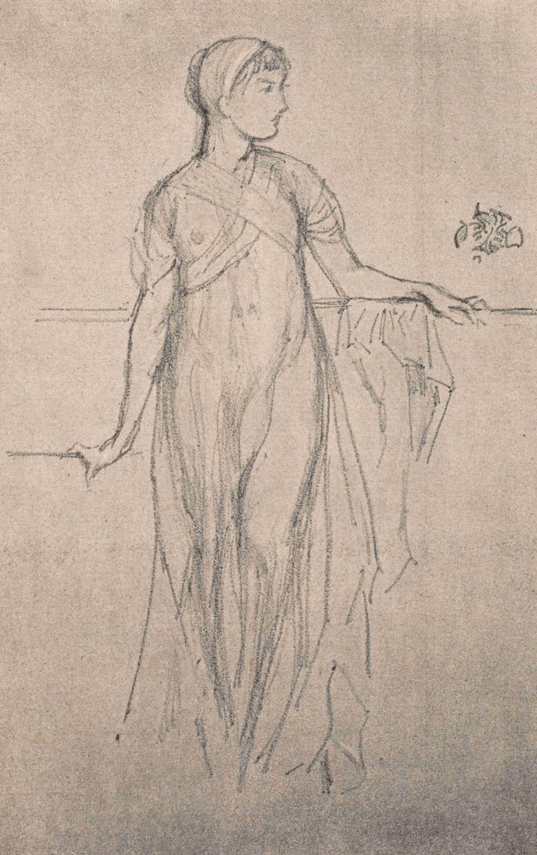 Study,James McNeill Whistler,Sketch,Sketch, solo, monochrome, 1girl, sketch, flower, traditional media, dress