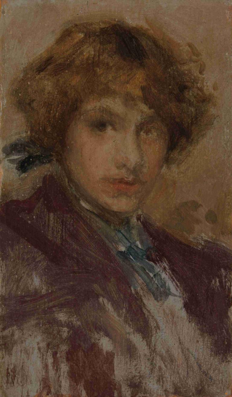 Study of a Girl’s Head and Shoulders,James McNeill Whistler,Oil Painting,Oil Painting, solo, brown hair