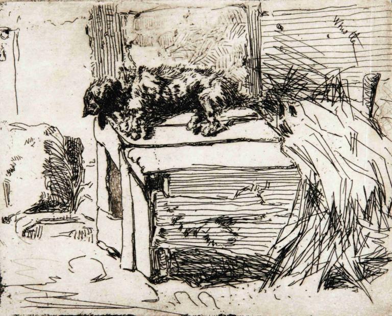 The Dog On The Kennel,狗窩裡的狗,James McNeill Whistler,詹姆斯·麥克尼爾·惠斯勒,銅版畫,銅版畫, 單色, 草圖, 樹, 獨奏, 車, 地面車輛, 灰階, 傳統媒體