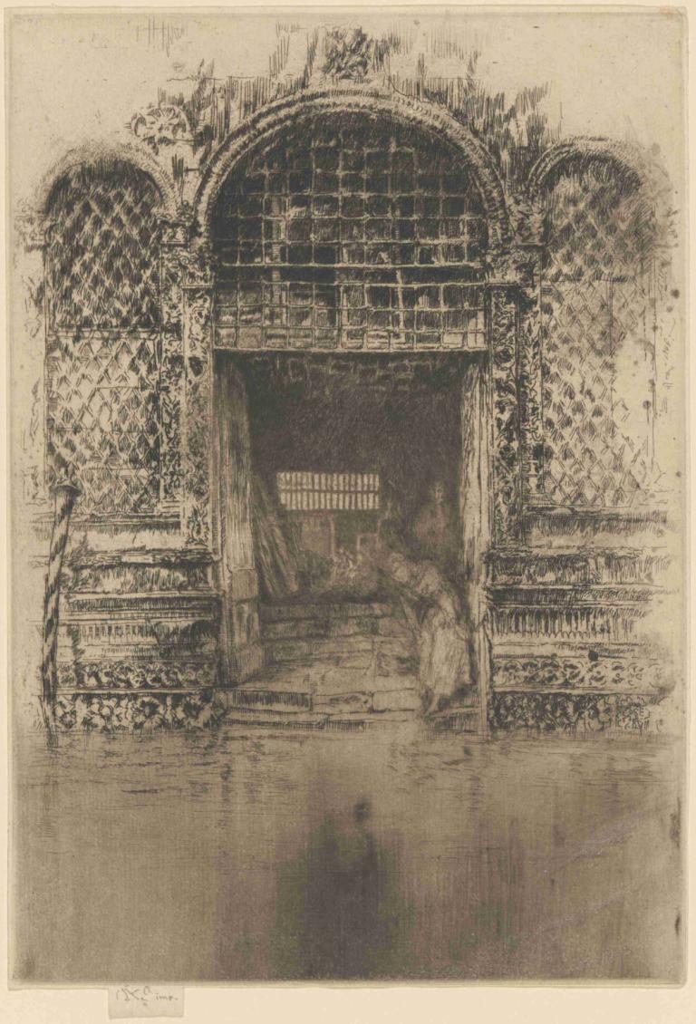 The Doorway,門口,James McNeill Whistler,詹姆斯·麥克尼爾·惠斯勒,銅版畫,銅版畫, 單色, 獨奏, 窗戶, 1個女孩, 1男孩