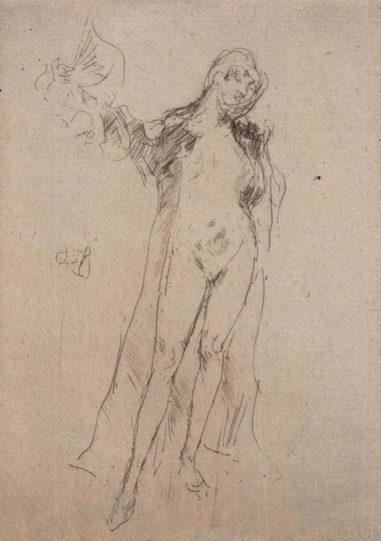 The Fan (Model No. 3),扇子(型號3),James McNeill Whistler,詹姆斯·麥克尼爾·惠斯勒,素描,素描, 1個女孩, 獨奏, 草圖, 單色, 長髮, 乳房, 岬, 裸體, 傳統媒體