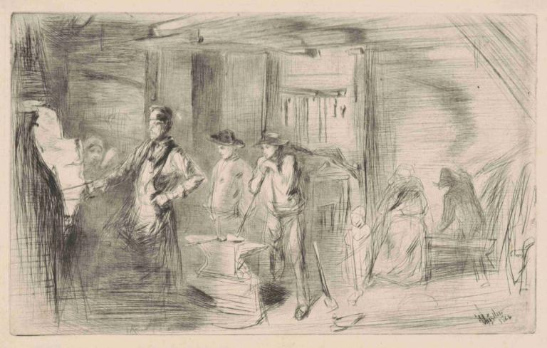 The Forge,《鍛造》,James McNeill Whistler,詹姆斯·麥克尼爾·惠斯勒,銅版畫,銅版畫, 多個男孩, 草圖, 單色, 男性焦點, 帽子