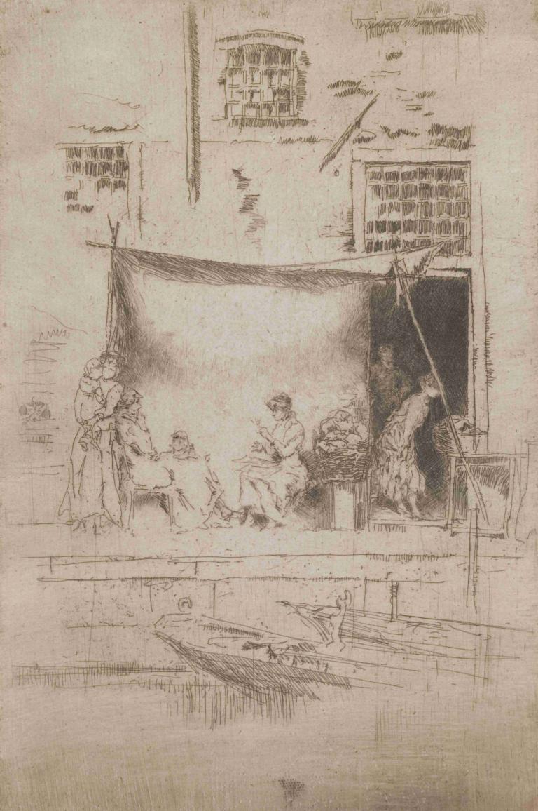 The Fruit Stall,水果攤,James McNeill Whistler,詹姆斯·麥克尼爾·惠斯勒,銅版畫,銅版畫, 單色, 多個女孩, 漫畫, 多個男孩, 2個女孩, 棕褐色, 短髮