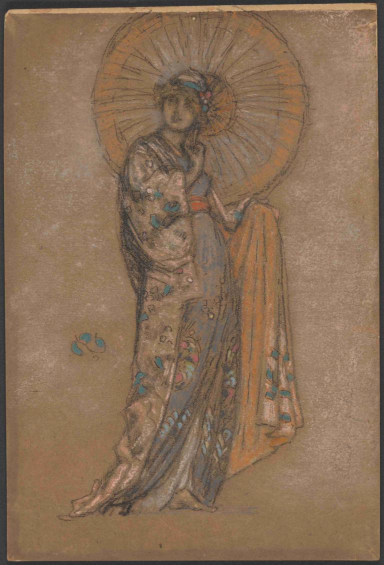 The Japanese Dress,日本連衣裙,James McNeill Whistler,詹姆斯·麥克尼爾·惠斯勒,油畫,油畫, 獨奏, 1個女孩, 日本衣服, 和服, 傘, 油紙傘, 窗扇, 髮飾, 帶, 常設