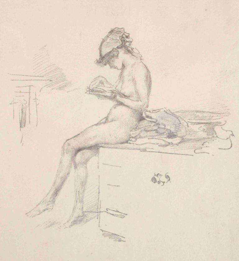 The Little Nude Model Reading,小裸體模特閱讀,James McNeill Whistler,詹姆斯·麥克尼爾·惠斯勒,素描,素描, 1個女孩, 獨奏, 裸體, 單色, 坐著, 書, 閱讀