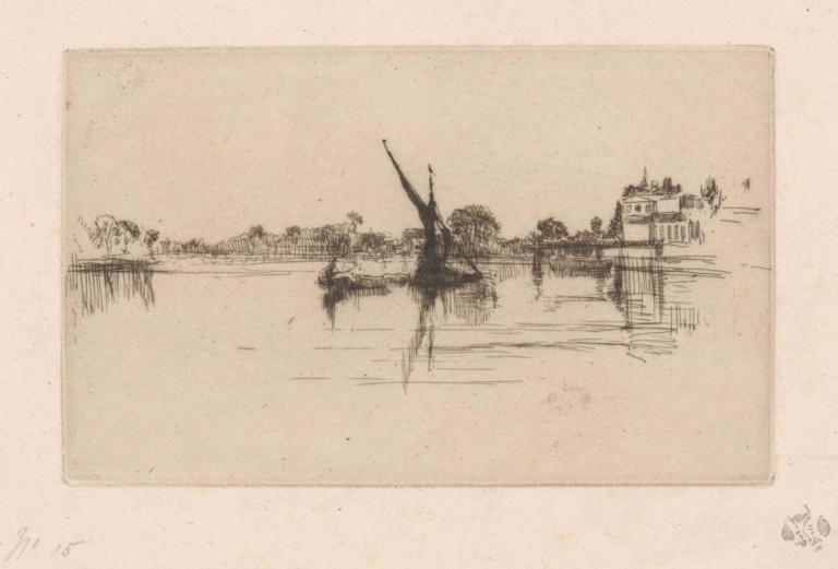 The Little Putney, No. 2,《小普特尼》，第二名,James McNeill Whistler,詹姆斯·麥克尼爾·惠斯勒,銅版畫,銅版畫, 沒有人類, 單色, 水, 傳統媒體, 戶外, 大樓, 樹