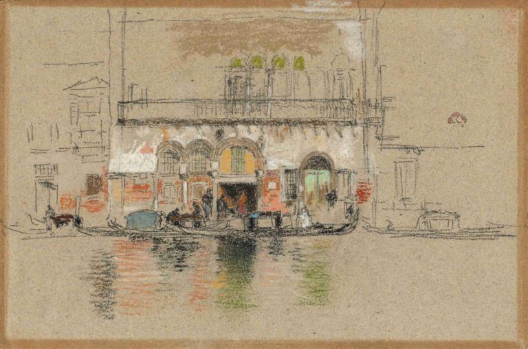 The Palace; white and pink,宮殿；白色和粉色,James McNeill Whistler,詹姆斯·麥克尼爾·惠斯勒,油畫,油畫, 地面車輛, 1個女孩, 大樓, 傳統媒體, 戶外, 摩托車