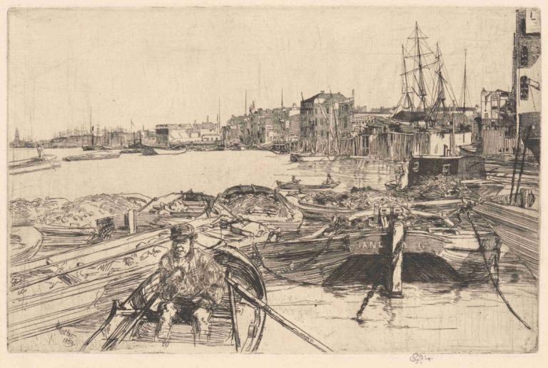 The Pool,James McNeill Whistler,Copperplate Etching,Copperplate Etching, monochrome, multiple boys