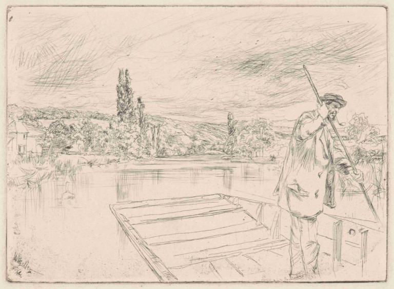 The Punt,James McNeill Whistler,Copperplate Etching,Copperplate Etching, monochrome, 1boy, solo, male focus