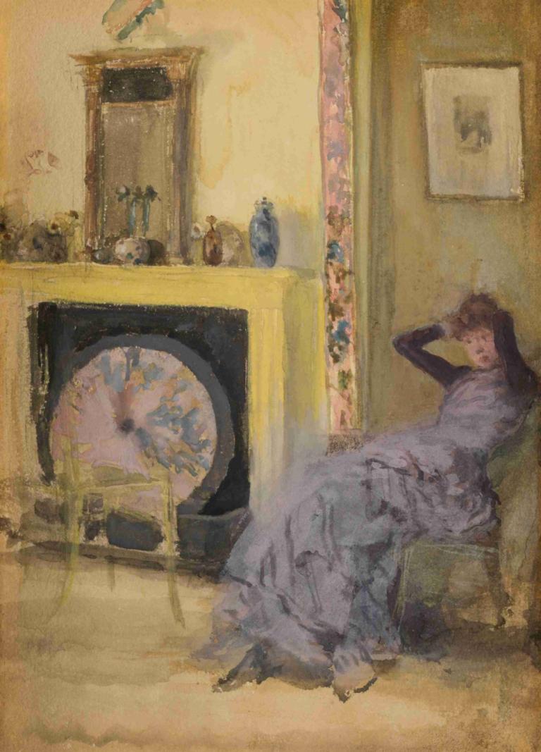 The Yellow Room,黄色い部屋,James McNeill Whistler,ジェームズ・マクニール・ホイッスラー,油絵,油絵, 1女の子, ソロ, ドレス, 座っている, 長い髪, 絵画（オブジェクト）