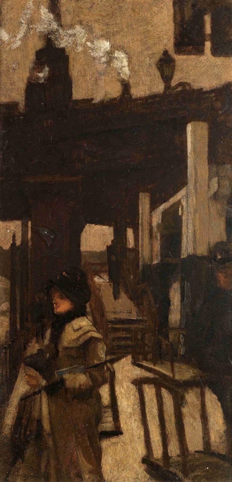 À La Gare De L'est,레스트 역에서,James Tissot,제임스 티소,오일 페인팅,오일 페인팅, 여자 1명, 독주, 코트, 흑발, 난간, 계단, 전통 미디어, 갈색 코트, 서 있는