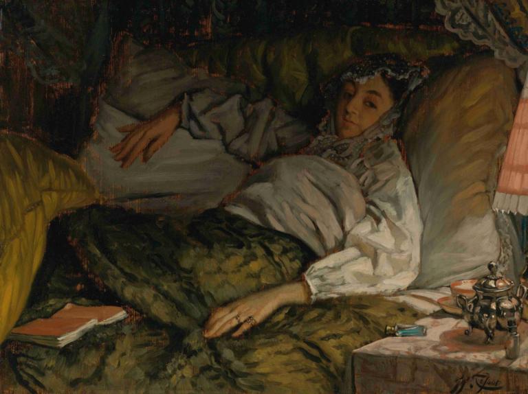 A Reclining Lady,James Tissot,Oil Painting,Oil Painting, 1girl, solo, jewelry, curtains, ring, lying