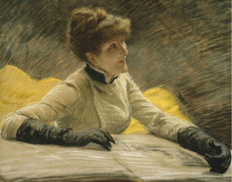 Admiring a Portfolio,James Tissot,Oil Painting,Oil Painting, 1girl, solo, gloves, black gloves, realistic