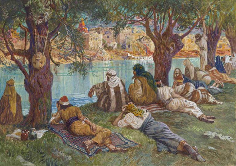 By the Waters of Babel,James Tissot,Oil Painting,Oil Painting, tree, multiple boys, 6+boys, river, water