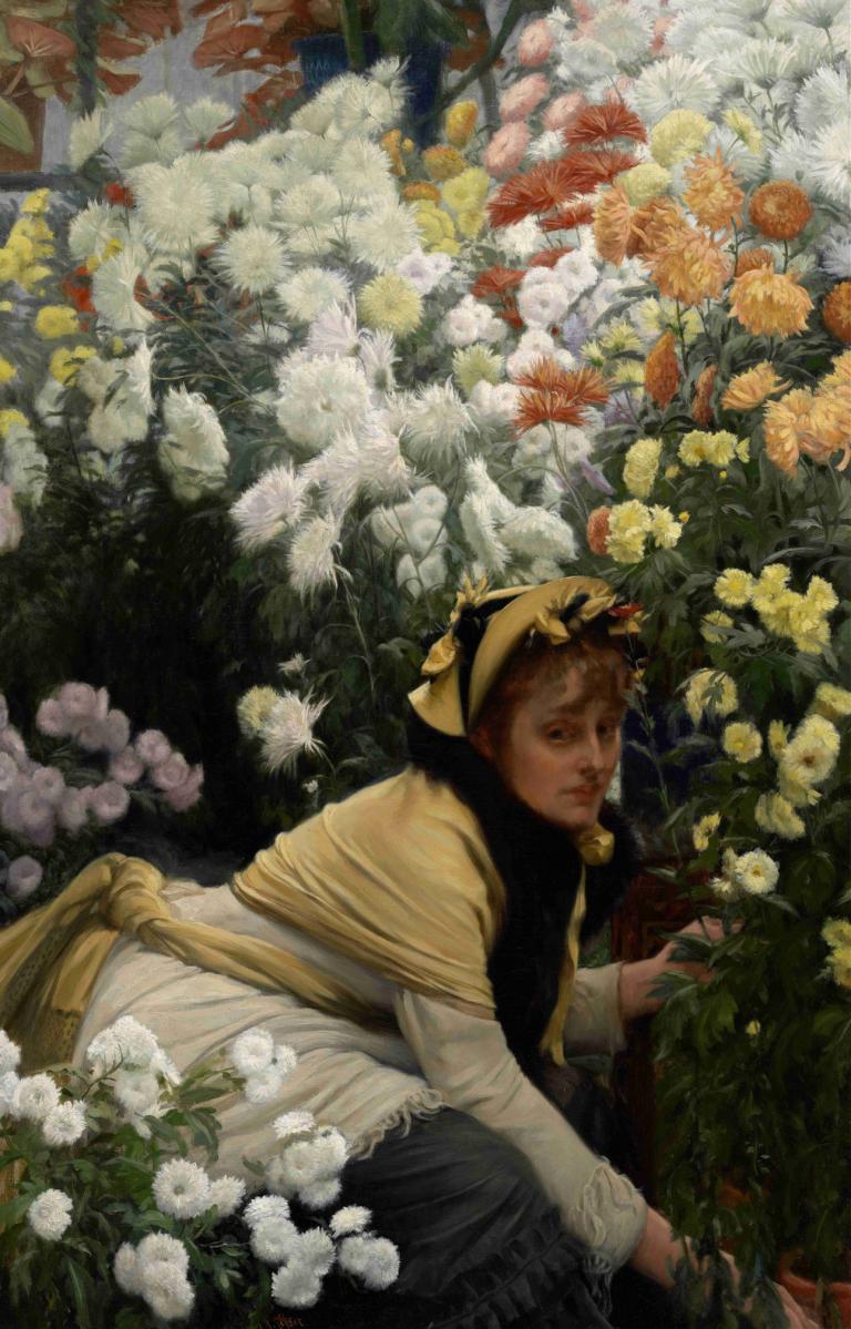 Chrysanthemums,菊の花,James Tissot,ジェームズ・ティソ,油絵,油絵, 花, 1女の子, ソロ, 黄色い花, ドレス, 長袖, 現実的な, ホールディング, 視聴者を見ている, 白い花, 植物