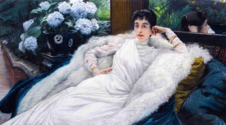 Clotilde Briatte, Comtesse Pillet-Will,James Tissot,Oil Painting,Oil Painting, black hair, flower, dress