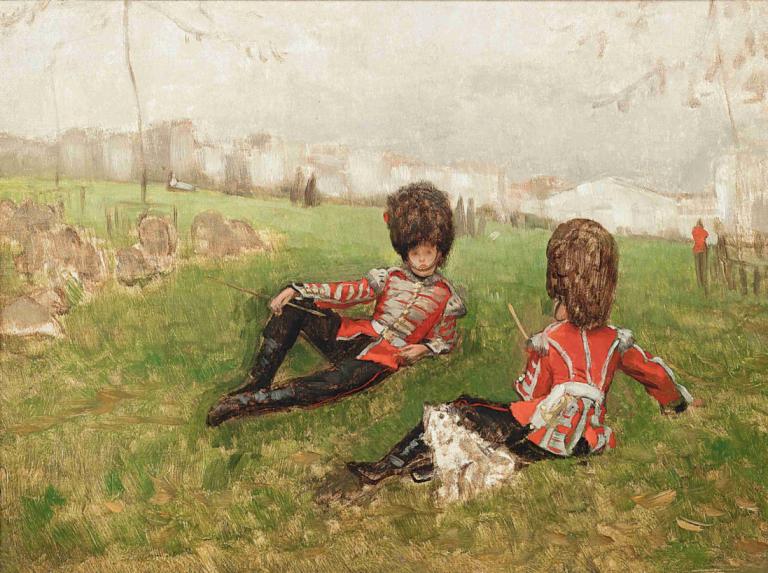 Coldstream fifers, St James's Park, London,James Tissot,Oljemaleri,Oljemaleri, gress, brunt hår, bag, sitter