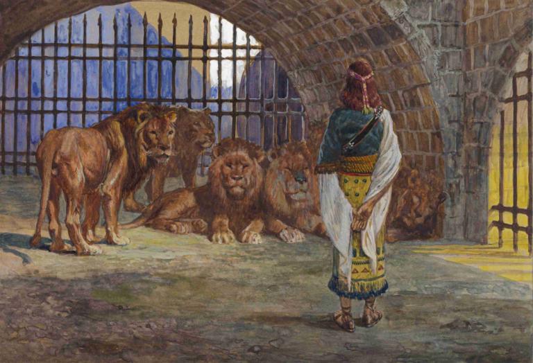 Daniel in the Lions' Den,James Tissot,Oil Painting,Oil Painting, 1girl, traditional media, window, animal