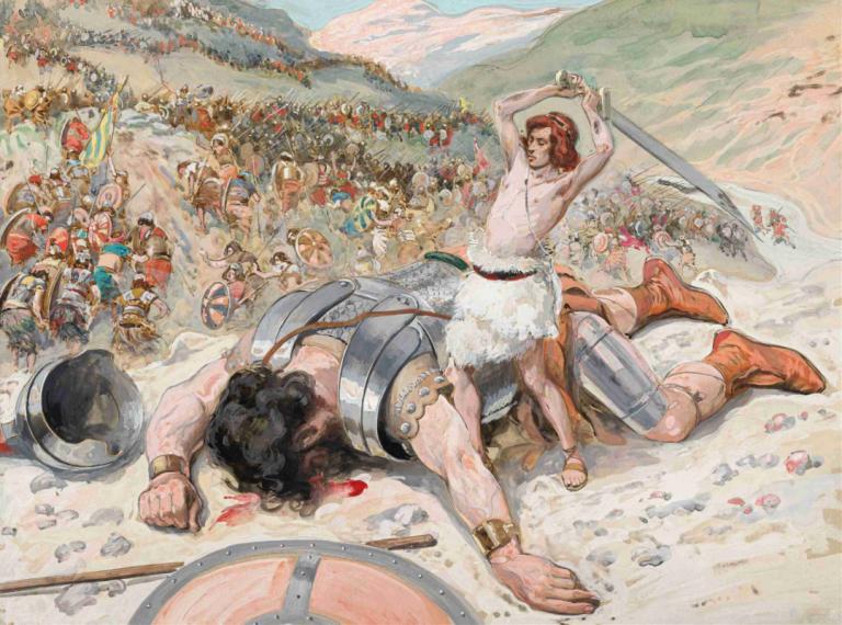 David Cuts Off the Head of Goliath,James Tissot,Oil Painting,Oil Painting, shield, weapon, multiple boys