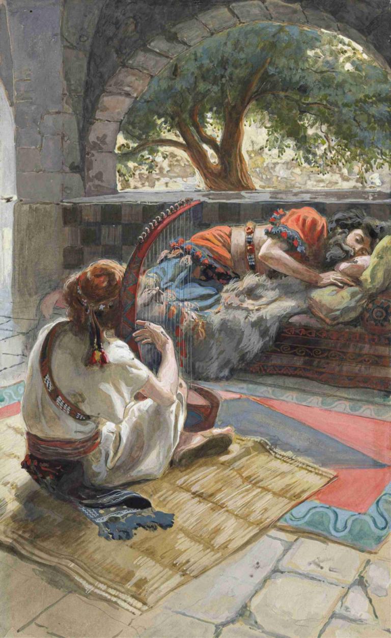 David Plays the Harp Before Saul,James Tissot,Oil Painting,Oil Painting, pillow, sitting, tree, barefoot