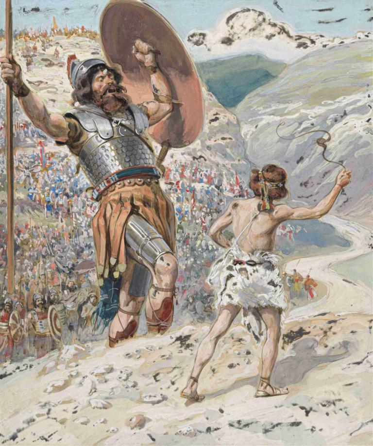 David Slings the Stone,James Tissot,Oil Painting,Oil Painting, armor, weapon, multiple boys, polearm