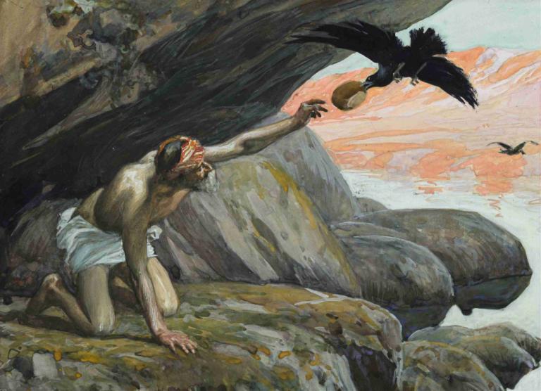 Elijah Fed by the Ravens,James Tissot,Oil Painting,Oil Painting, bird, fine art parody, 1boy, male focus