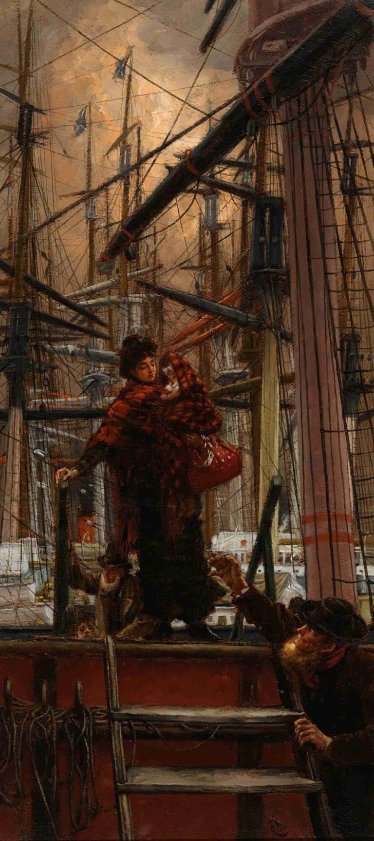 Emigrants,James Tissot,Oil Painting,Oil Painting, multiple boys, 2boys, weapon, male focus, industrial pipe