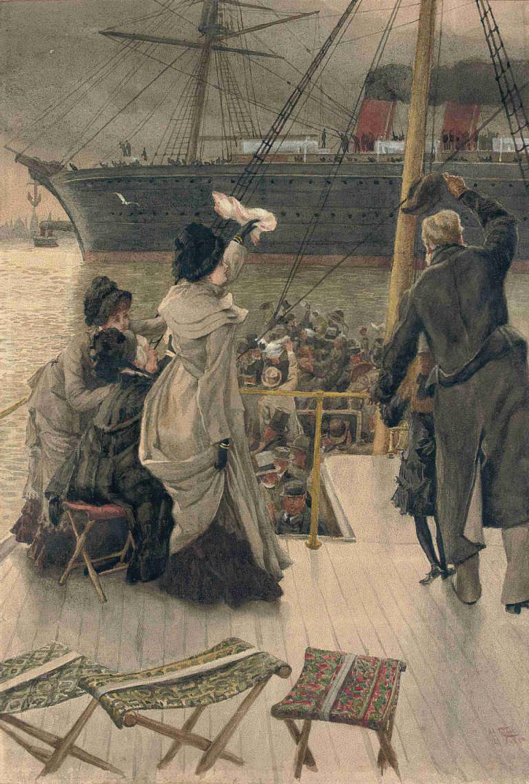 Goodbye, on the Mersey,James Tissot,Oil Painting,Oil Painting, multiple boys, watercraft, black hair