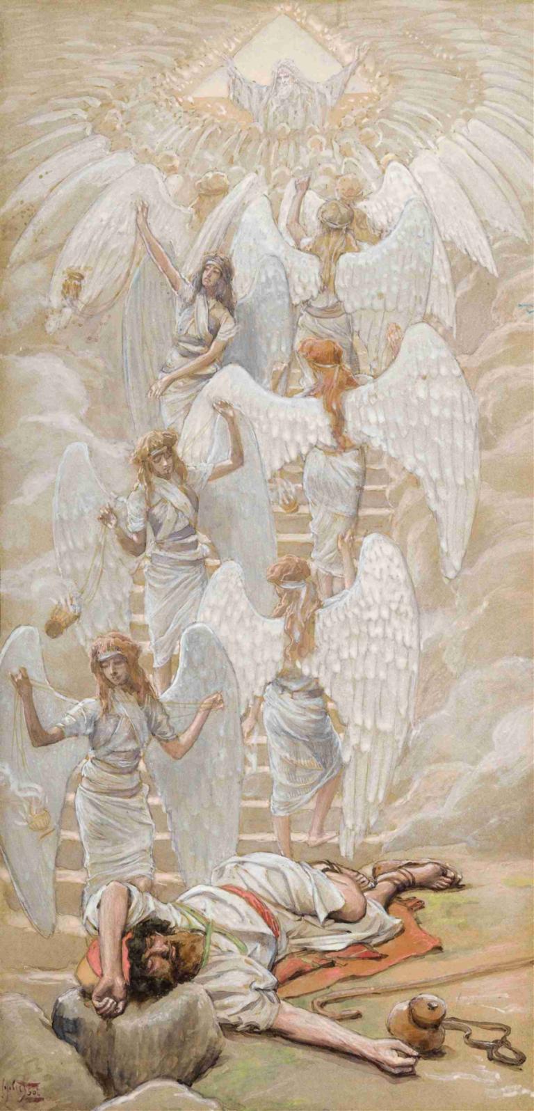 Jacob's Dream,James Tissot,Oil Painting,Oil Painting, angel, wings, angel wings, multiple girls