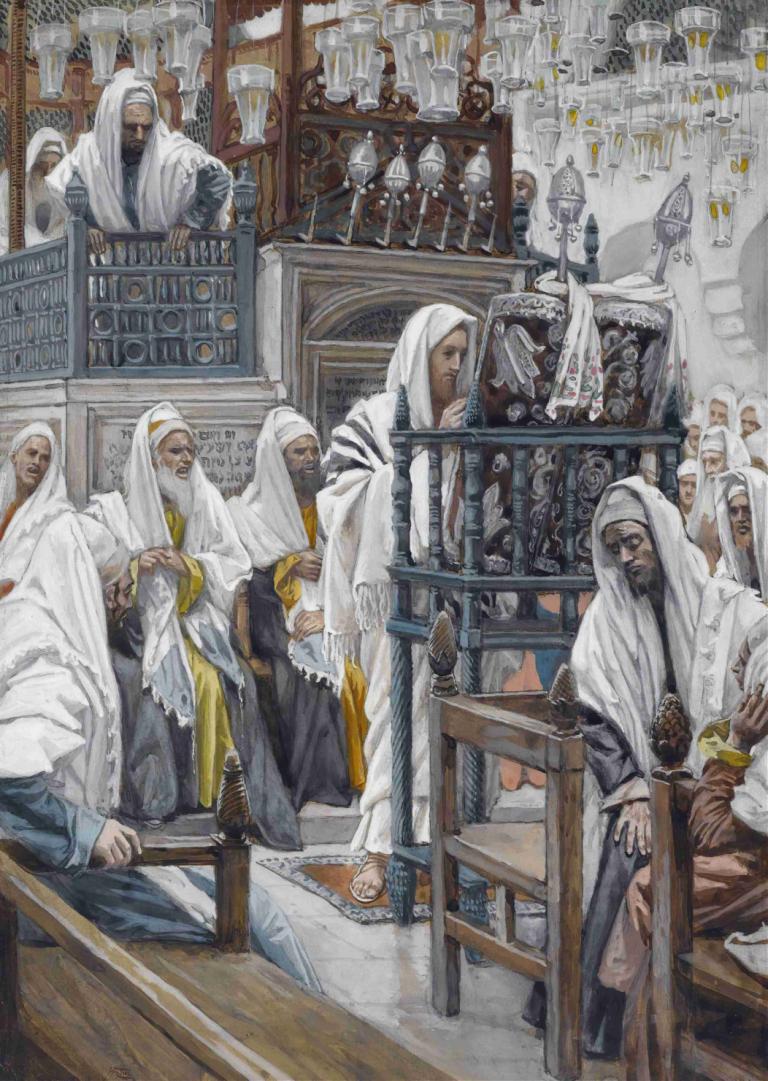 Jesus Unrolls the Book in the Synagogue,Jesus rullar upp boken i synagogan,James Tissot,Oljemålning