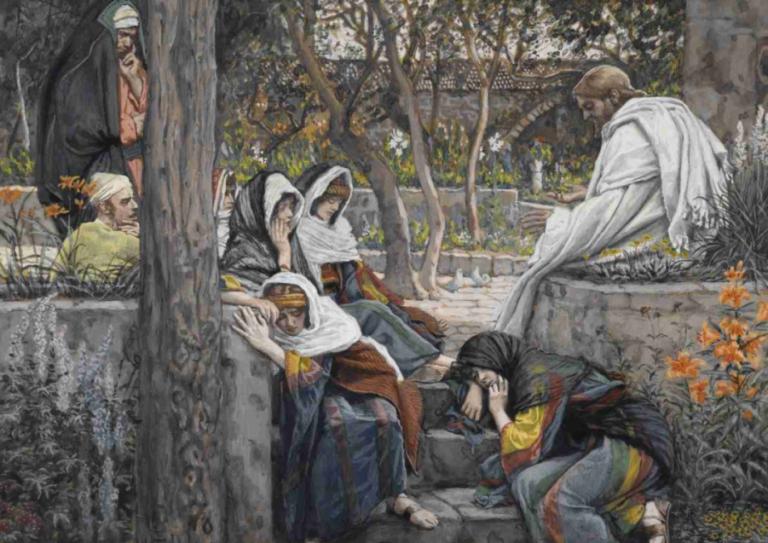 Jesus, Mary Magdalene, and Martha at Bethany,James Tissot,Oil Painting,Oil Painting, tree, multiple boys