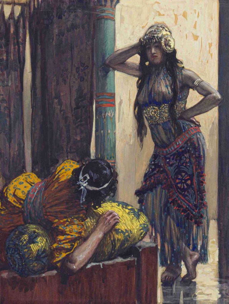 Jezebel Advises Ahab,Jezebel ger råd till Ahab,James Tissot,Oljemålning,Oljemålning, konstparodi, barfota