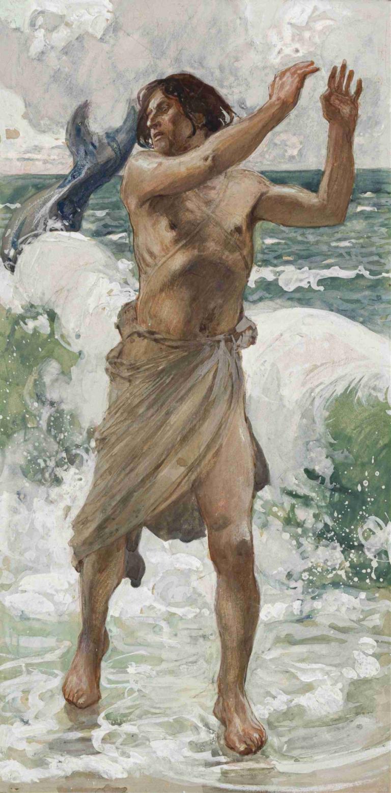 Jonah,James Tissot,Oil Painting,Oil Painting, 1boy, male focus, barefoot, solo, water, brown hair