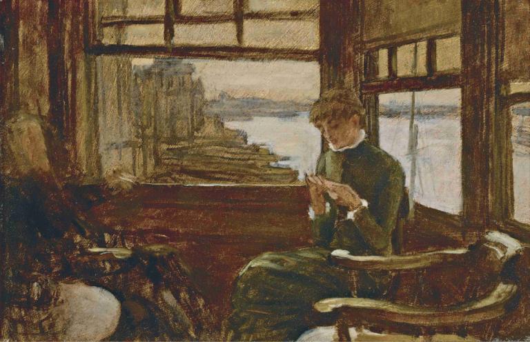 Kathleen Newton in a Thames-Side Tavern,James Tissot,Oil Painting,Oil Painting, solo, 1boy, male focus