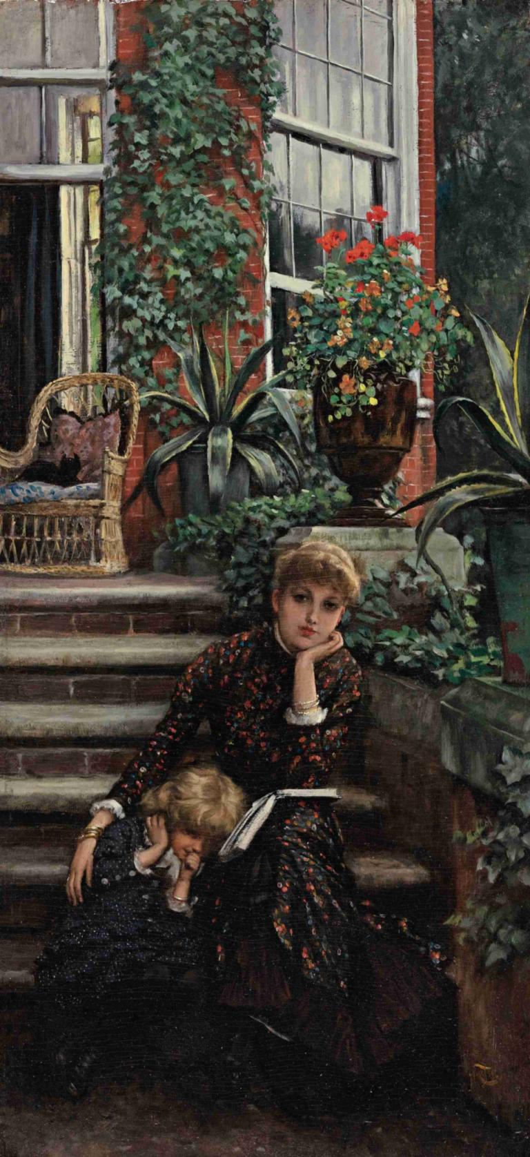 La Soeur Aînée,James Tissot,Oil Painting,Oil Painting, multiple girls, dress, plant, 2girls, stairs