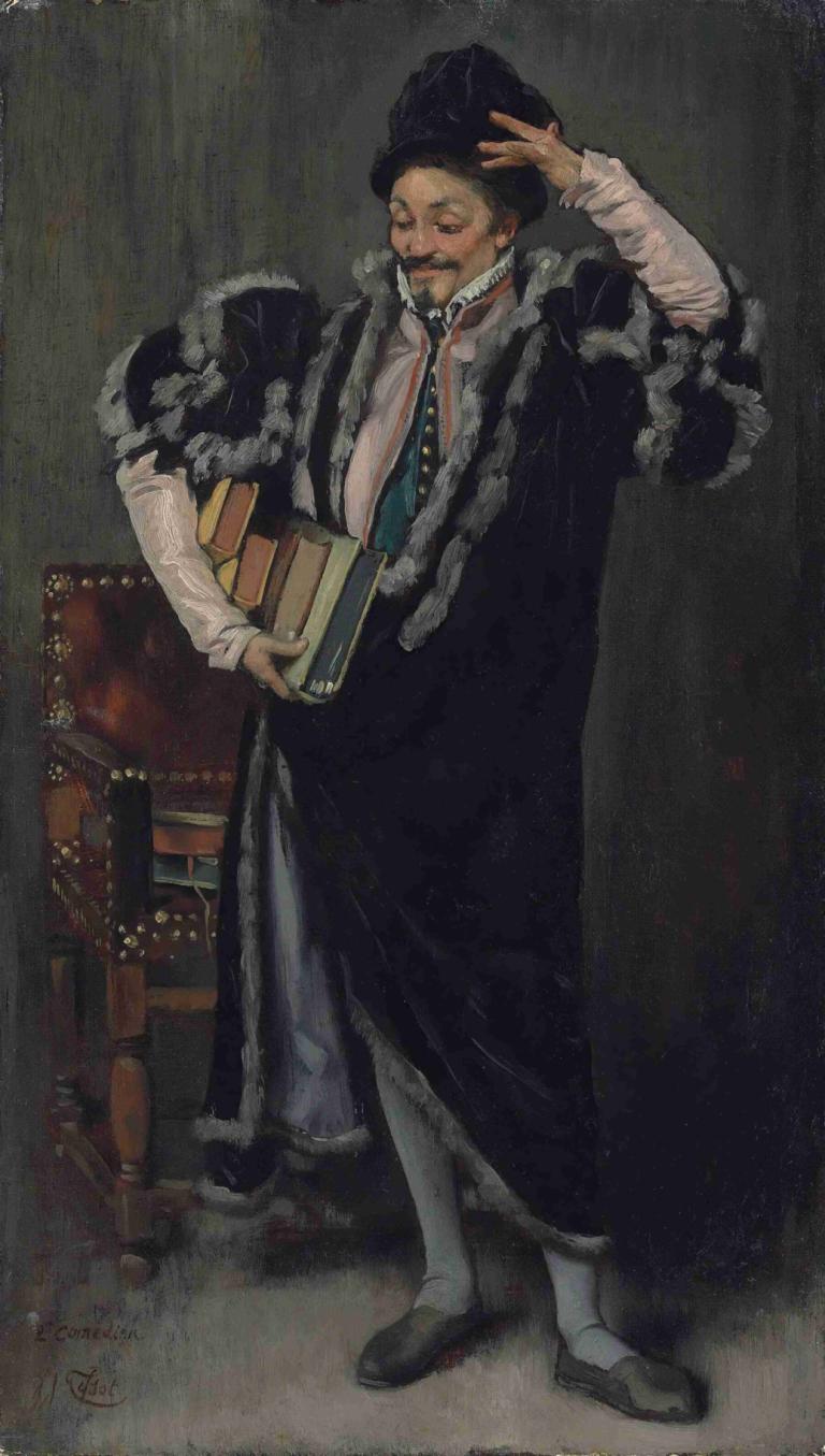 Le Deuxième Comédien,James Tissot,Peinture à l'huile,Peinture à l'huile, 1garçon, foyer masculin, solo, livre