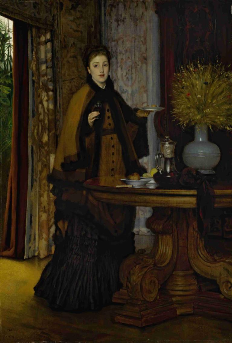 Le Goúter (The Snack),James Tissot,Oil Painting,Oil Painting, 1girl, solo, table, dress, holding, plate