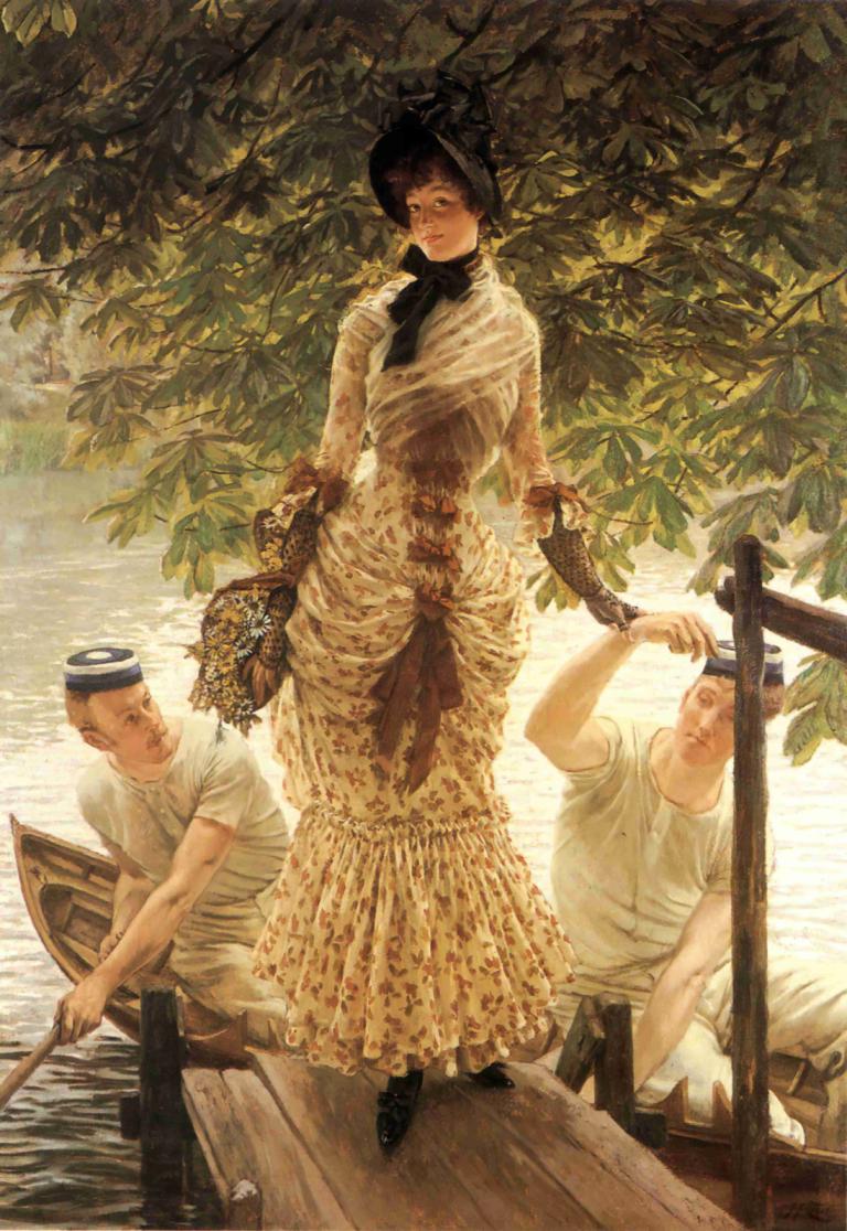 On the Thames,James Tissot,Oil Painting,Oil Painting, 1girl, boat, watercraft, multiple boys, dress, 2boys