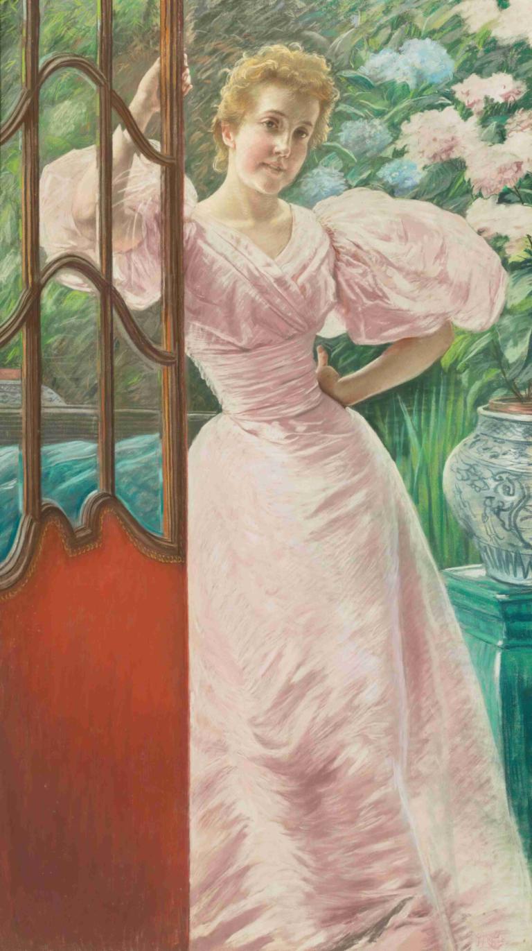 Portrait Of A Young Woman In A Conservatory,James Tissot,Oil Painting,Oil Painting, solo, blonde hair, dress